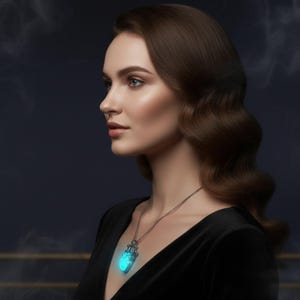 Puede incluir: Una mujer con un vestido negro y un collar plateado con un colgante azul brillante. El colgante tiene forma de coraz&oacute;n con detalles intrincados. La mujer tiene cabello casta&ntilde;o y mira hacia un lado.