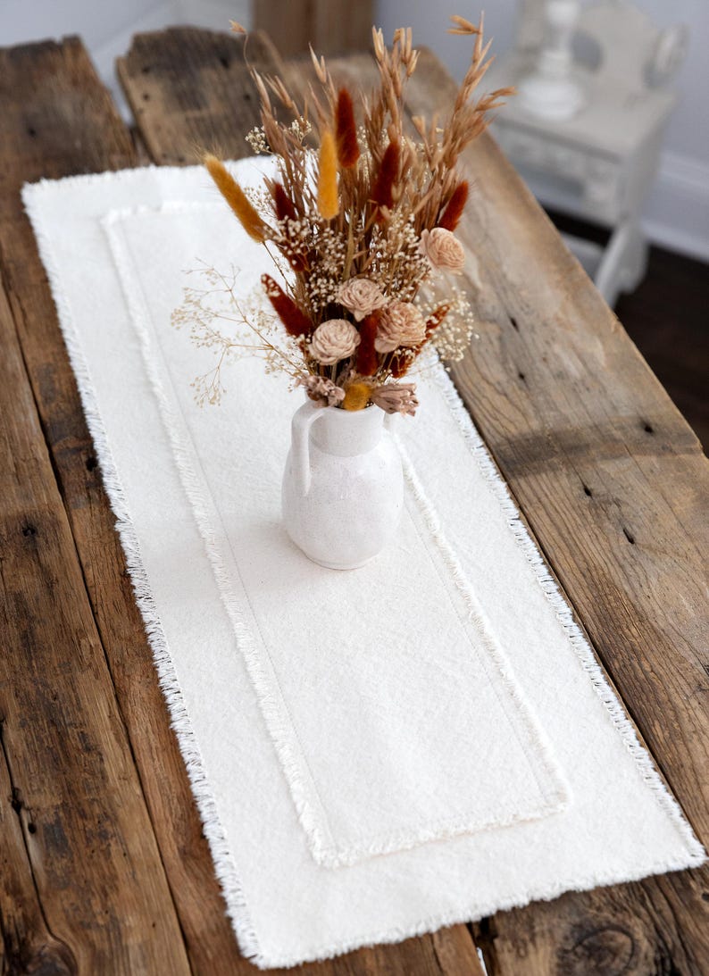 Small table runner 12"x 36" long -Rustic Cotton Runner 10" or 12" wide,Console or Coffee Table Decor, Farmhouse Fringed Edge image 1