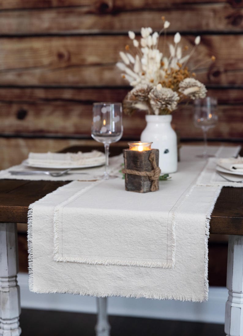 15x90 Farmhouse Table Runner β Sandy Beige Cotton β Rustic Neutral Decor β Fringed Edges β Made in USA image 1