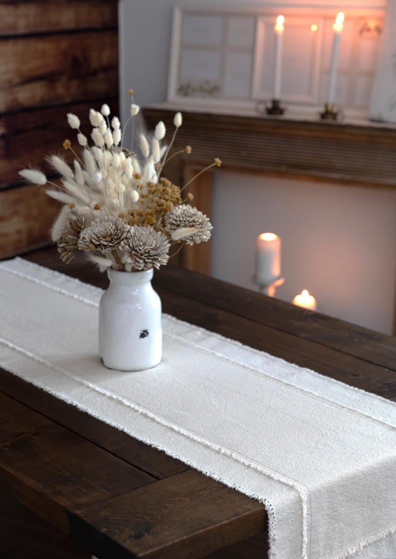 15β x 48β Farmhouse Table Runner β Washed Cotton Canvas β Sandy Beige with Fringed Edges β Handmade in the USA image 1