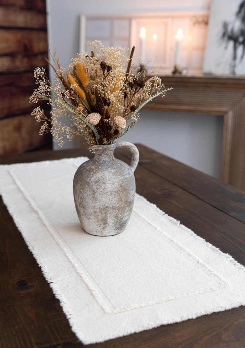 Table Runner 12" x 40" β Rustic Narrow Runner for Console or End Table, 10" or 12" Wide, Farmhouse Fringed Edge Decor image 1