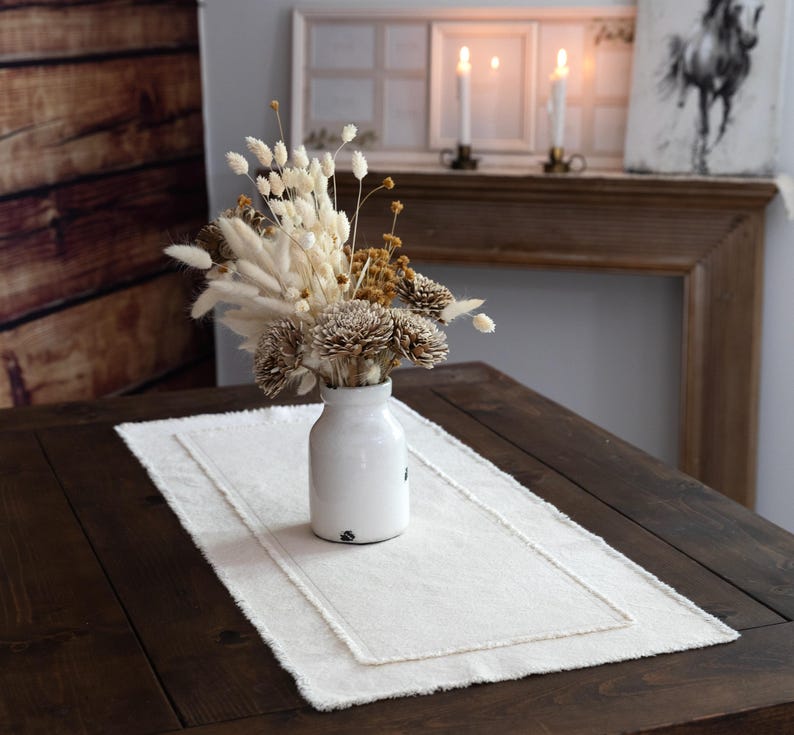 Rustic Farmhouse Table Runner 15x36 β Sandy Beige Cotton Canvas β Fringed Edges β Handmade in USA image 1