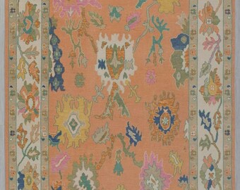 May include: A rectangular rug with a detailed floral pattern. The rug has a peach-toned central area with colourful floral designs in pink, blue, yellow, and green. A cream-coloured border with floral patterns frames the central design.