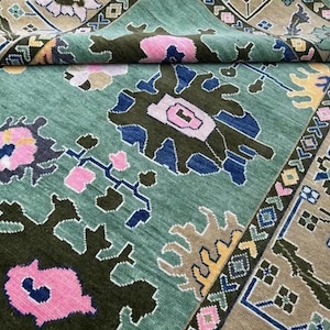 Green Oushak Rug: Hand-Knotted Wool, Floral Tribal Design
