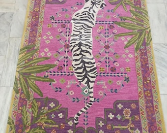 Pink Tiger Hand-Tufted Wool Rug – Animal Print Boho Area Rug – Pastel Jungle Home Decor – Custom Size