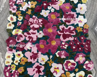Hand Tufted Floral Rug, Colorful Wool Flower, Botanical Rug for Living Room