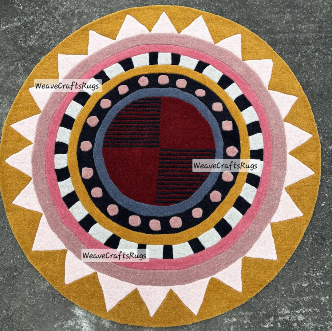 Eclectic Round Wool Rugs 3' Quick Ship! Round Geometric Tufted Rug – Handmade Wool Circle Carpet ...