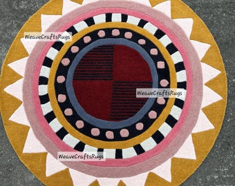 3' Quick Ship! Round Geometric Tufted Rug – Handmade Wool Circle Carpet, Modern Boho Abstract Design, Mustard Pink Red Aesthetic Rug