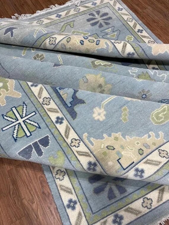 Handmade Blue Oushak Rug: Turkish Wool Carpet, Vintage Design