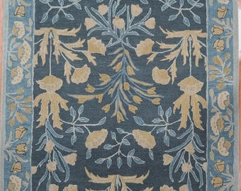 Hand-Tufted Wool Rug: Blue Floral Oriental Rug with Tiger Design