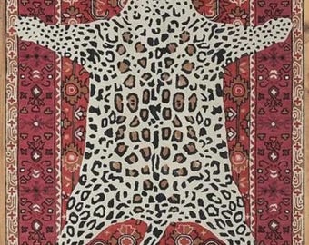 Leopard Print Rug | Hand Tufted Wool Animal Hide Rug | Vintage Style Area Rug | Statement Living Room Carpet