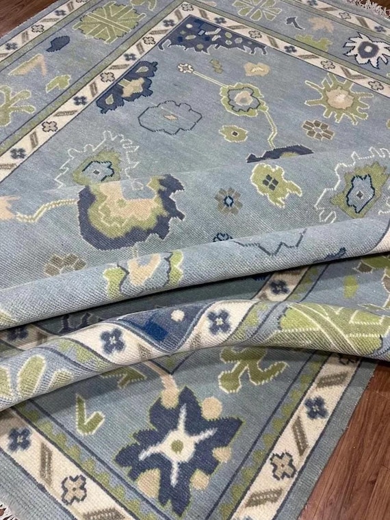 Handmade Blue Oushak Rug: Turkish Wool Carpet, Vintage Design