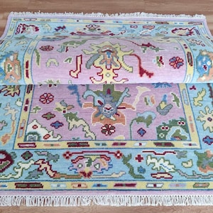 Hand-Knotted Oushak Wool Rug: Pink & Blue Turkish Carpet, Boho Decor