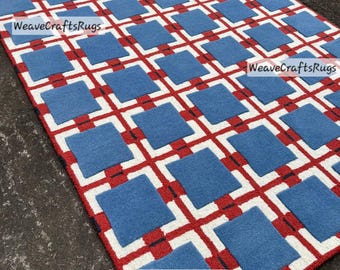 Hand-Tufted Wool Rug (5x8 ft) | Modern Blue, Red & White Geometric Grid