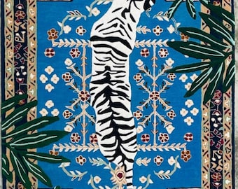 Hand-Tufted Wool Bengal Tiger Rug: Blue Persian Jungle Carpet
