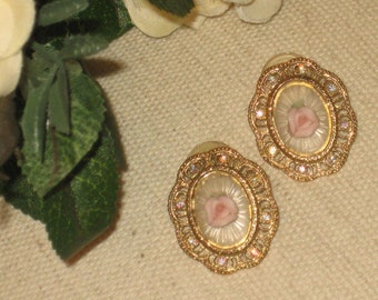 Exquisite Starburst Earrings, Cameo Style, Rose Accents, Vintage Earrings, Gold Tone Lace Edging, Rose Accents, Earrings, Porcelain Rose