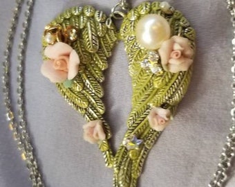 Romantic Angel Wings Necklace, Moss Patina, Pearl, Rhinestone Embellishments, Hand Painted Patina, Rose Accents, Stainless Steel Chain