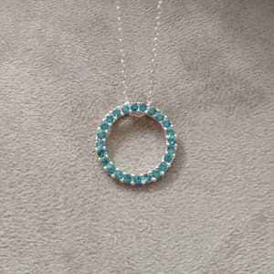Aquamarine Rhinestone Pendant Necklace, Sterling Silver Eternity Ring Pendant, Sterling Silver Necklace, March Birthstone Necklace