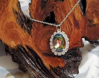 Vitrail, Cubic Zirconia Necklace, Oval Setting, Adorned, Silver Plated Frame, Exquisite Color, Faceted Glass Oval Gem, Necklace, Silver