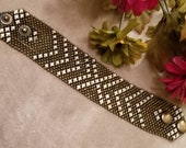 Beaded Mesh Bracelet, Metal Strappy Bracelet, White Embellishments, Adjustable Snap Closure, Mesh Bracelet, Heavy Chain, Boho Style