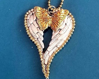 Butterfly Angel Wing Necklace, Painted Patina Sandstone, Brass Butterfly,  Embellished, Large Angel Wing Necklace, Gold Ball Chain, Feminine