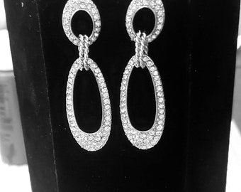 Long Oval Rhinestone Earrings, Clear Rhinestones, Post Backs, Silver Finish, Vintage Earrings, Dangle, Unique Style Rhinestone Earrings