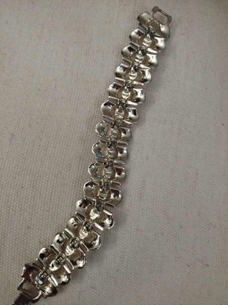 Stamped Light Gold Tone CORO Designer Bracelet Strappy Style Rhinestone Bracelet Aurora Borealis Pale Yellow and AB Stones