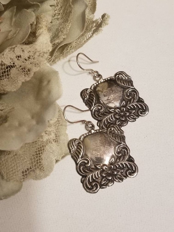 Sterling Silver Ornate Earrings, Art Nouveau, Stam