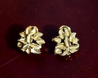 GOLD Leaf 14k Earrings, Posts Back, Vintage Classic Textured Leaves, Lever Back