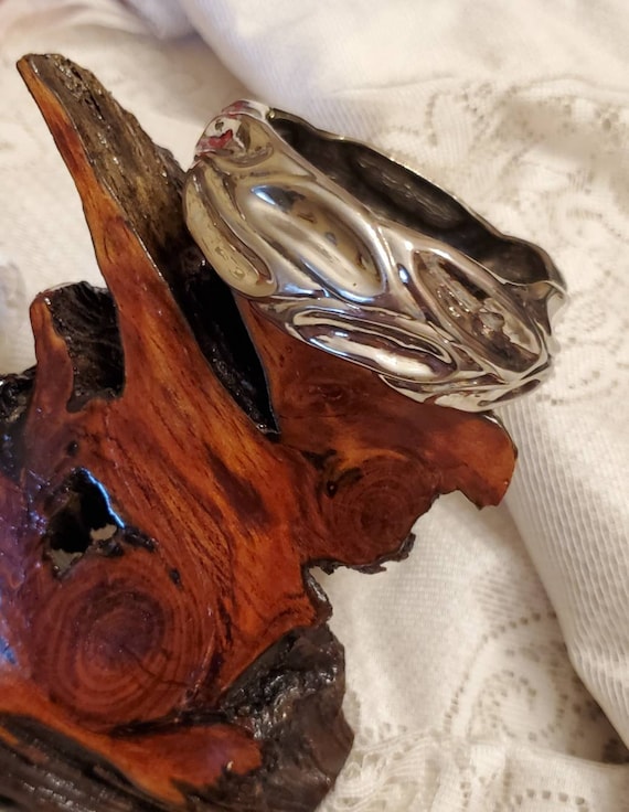 Large Silver Bracelet, Bangle Type, Unique Indent… - image 6