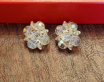 Aurora Borealis Crystal Earrings, Clip On Beaded Earrings, Australian Crystal Beads, Cluster Pattern, Classic Crystal Earrings, Silver Tone