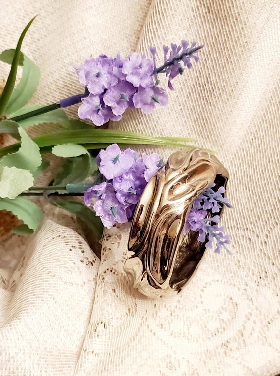 Large Silver Bracelet, Bangle Type, Unique Indent… - image 2