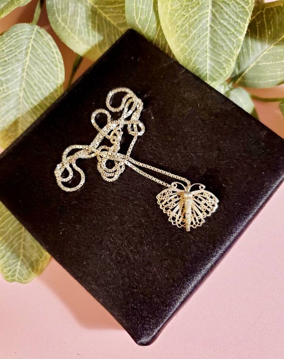 Sterling Butterfly Pendant Necklace, Filigree Butt