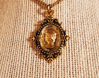 Reversed Cameo Crystal Necklace, Lady, Profile, Feminine Cameo, Gold Plate Chain, Cameo Necklace, Classic Crystal Cameo, Gold, Reversed