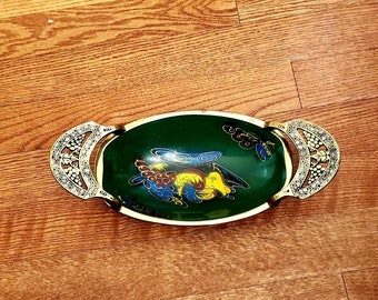 Hand Painted Brass Bowl, FREE SHIPPING, Oval Painted Israeli Bowl, Green, Painted Oval Bowl, Grapes Design Handles, Brass Bowl, Vintage Bowl