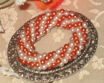 Red and White Beaded Brooch, Raised Beaded Brooch, Heavy Twisted Design with Red and White Pearls, Mint Condition