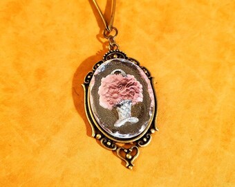 Crystal Bouquet Cameo Necklace, Antique Gold Frame Setting, Reversed Bouquet, Pink Bouquet, Crystal Cameo Necklace, Antique Gold Color