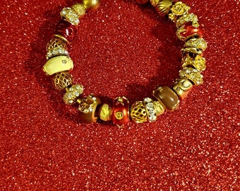 Euro Style Rhinestone Bracelet, Red, Rhinestone, Gold, Brown, Yellow Enamel, Rhinestone, Heavy, Gold Plated, Cuff Bracelet, Rhinestone