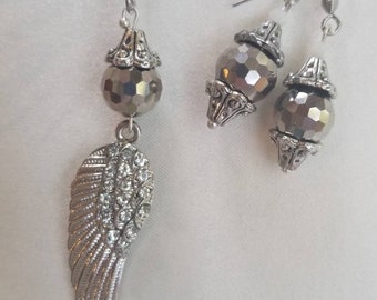 Beaded Angel Necklace Set, Rhinestone Angel Wing Necklace, Earrings, Slate Color, Rhinestone Silver Angel Wing, Pierced Dangle Earrings, Set