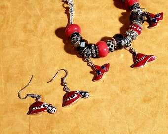 Red Hat Euro Bracelet, Earrings, Matching Set, Red Hat, Heart Disease, Ladies Euro Charm Bracelet, Red and Purple, Earrings and Bracelet