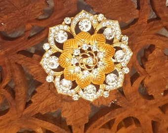 Gold Rhinestone Floral Brooch, Rhinestone Brooch, Intricate Design, Adorned, Beautiful, Formal Accessory,  Detail, Gold Finish, Exquisite