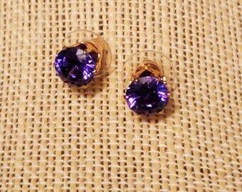 Amethyst CZ Birthstone Earrings, Posts Earrings, Gold Plated Amethyst Earrings, 8mm Quality Cubic Zirconia, Pierced Earrings, Birthstone,