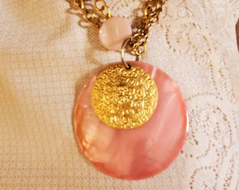 Matte Gold Shell Necklace, Pink Shell Pendant, Matte Gold Chain, Ornate Accent, Designed Pattern Beads, Double Strand, Shell Beads, Vintage