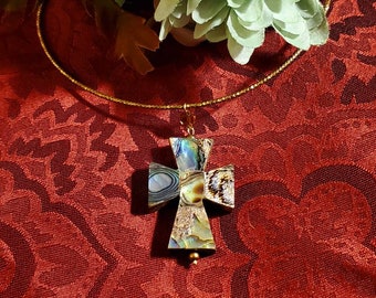 Abalone Wood Cross Choker, Brass Choker Wire, Abalone Necklace, Shell Necklace, Abalone Inlay, Brass Choker Wire, Lightweight Choker