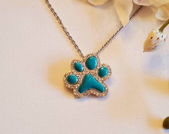 Rhinestone Paw Print, Embellished, Rhinestone Paw Print, Stainless Steel Textured Chain, Turquoise, Vintaj Paint, Embellished Paw Print