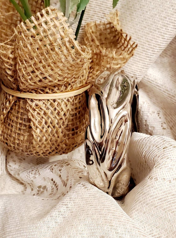 Large Silver Bracelet, Bangle Type, Unique Indent… - image 8