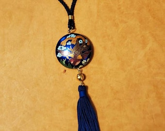 Large Blue Cloisonne Penfant, Blue Tassel, Round Medallion Cloisonne Pendant Necklace, Navy Blue Vintage Necklace, Blue Cloisonne