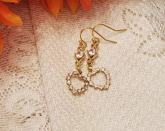 Rhinestone Heart Earrings, Dangle, Pierced Ears, Rhinestones, Clear, Emerald, Gold Finish, *Options, Green and Clear, Dangle Earrings