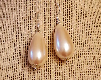 Teardrop Pearl Earrings, Sterling Silver, Ivory Color, Glass, Pierced, Sterling Wires, Dangle, Sterling Bead Caps, Elegant Design, Earrings