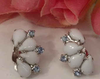 Milk Glass Earrings, Baby Blue Rhinestone Bracelet, Baby Blue Rhinestones, Clip On, Teardrop Shape Stones, Elegant Milk Glass Earrings